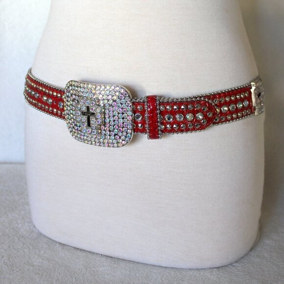 Western Red Bling Cross Belt & Buckle Aurora Borealis AB Crystal Accent SM - Picture 1 of 9
